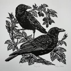 Two for Joy, Linocut by Kathryn Anderson on Somerset Satin